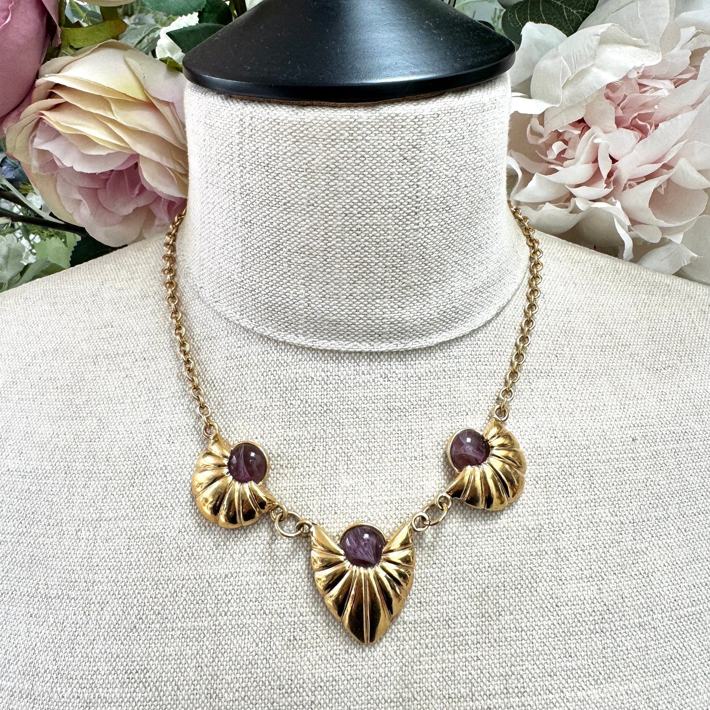 Signed ABC or PBC Purple Art Glass Ribbed Three Pendant Graduated Bib Chain Link Necklace