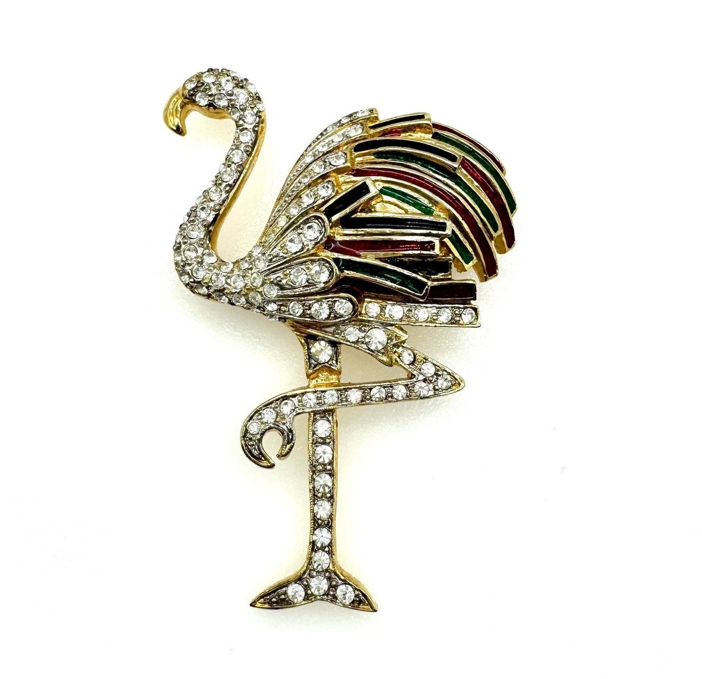 Vintage Enamel and Rhinestone Flamingo Brooch with Raised foot