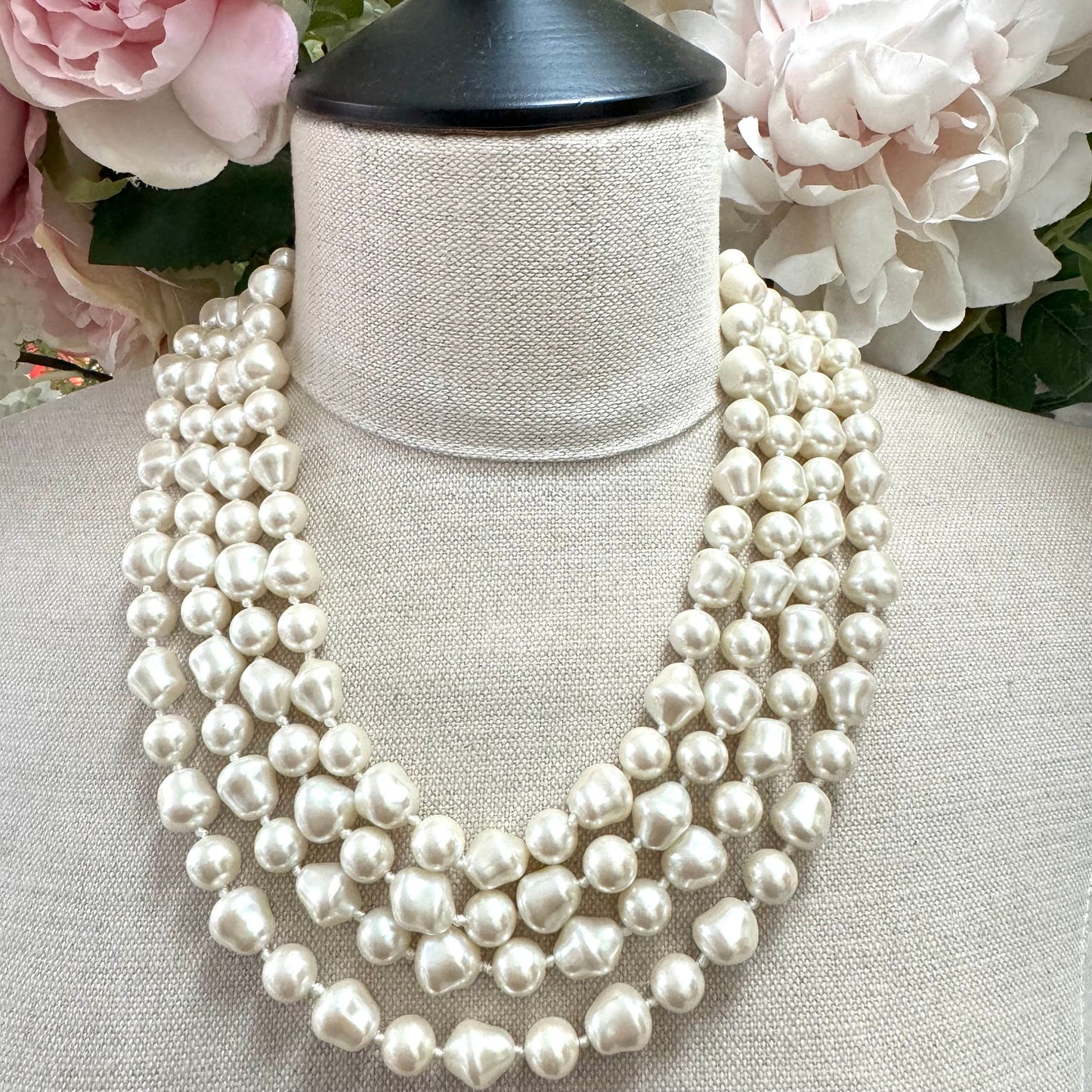 Four Strand Hand Knotted Faux Baroque Pearl Hook Clasp Necklace