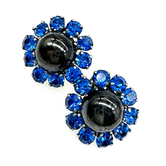 Signed Austria Blue Crystal Black Glass Clip On Earrings