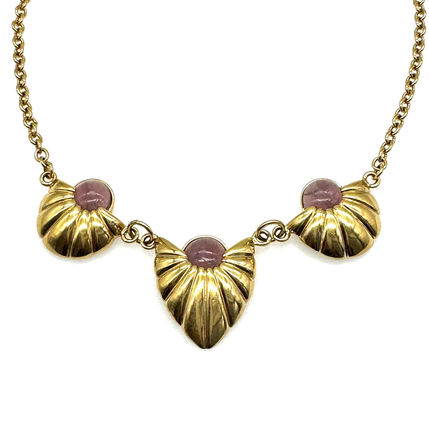 Signed ABC or PBC Purple Art Glass Ribbed Three Pendant Graduated Bib Chain Link Necklace