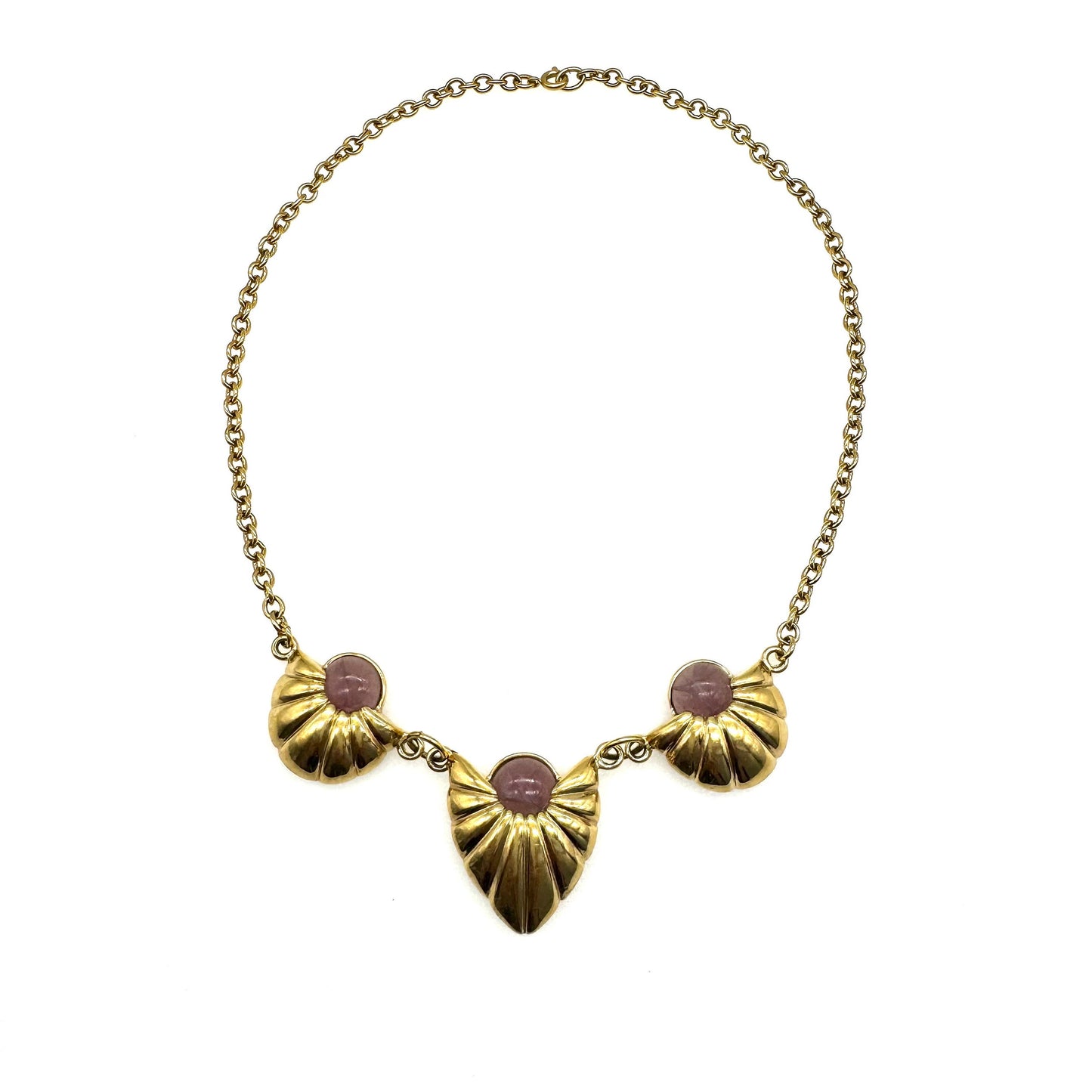 Signed ABC or PBC Purple Art Glass Ribbed Three Pendant Graduated Bib Chain Link Necklace