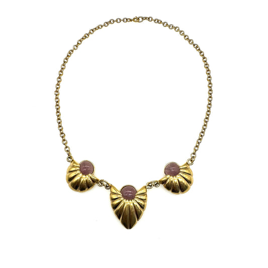 Signed ABC or PBC Purple Art Glass Ribbed Three Pendant Graduated Bib Chain Link Necklace