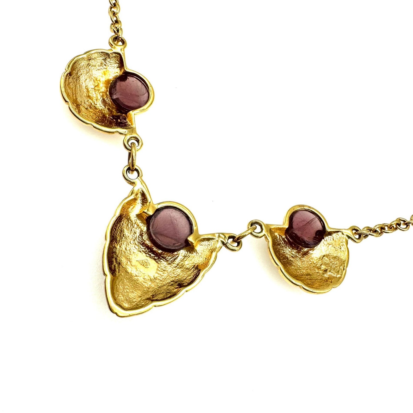 Signed ABC or PBC Purple Art Glass Ribbed Three Pendant Graduated Bib Chain Link Necklace