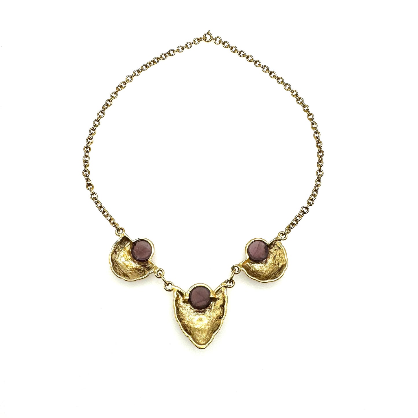 Signed ABC or PBC Purple Art Glass Ribbed Three Pendant Graduated Bib Chain Link Necklace