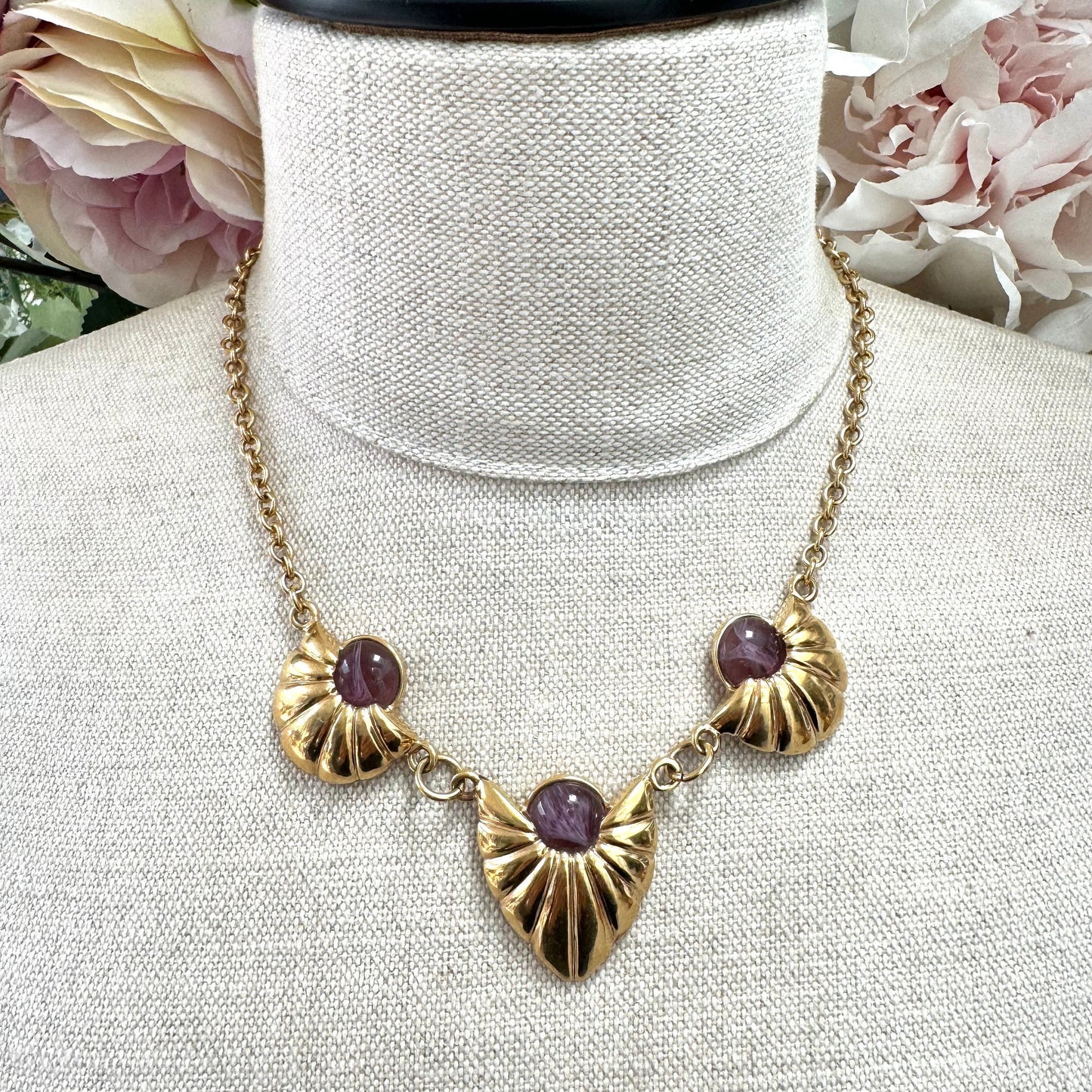 Signed ABC or PBC Purple Art Glass Ribbed Three Pendant Graduated Bib Chain Link Necklace