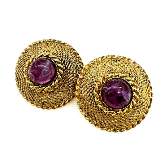 Vintage 1980's Purple Pink Art Glass Cabochon Domed Clip On Earrings