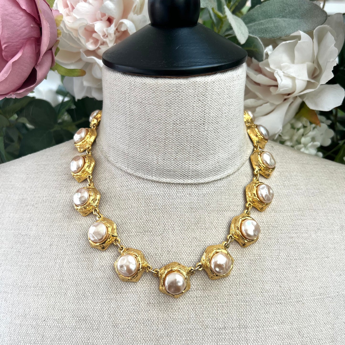 Sarah Booth Etruscan Revival Faux Mabe Pearl Necklace and Clip On Earrings