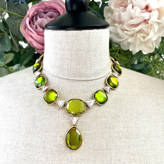 Yves Saint Laurent 1980's Robert Goossens Chartreuse Resin and Crystal Necklace in Original Box