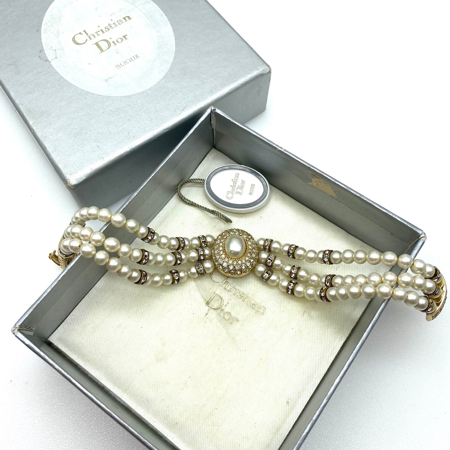 Three Strand Christian Dior Faux Pearl and Crystal Bracelet in a Christian Dior Bijoux Box with Bijoux Tag