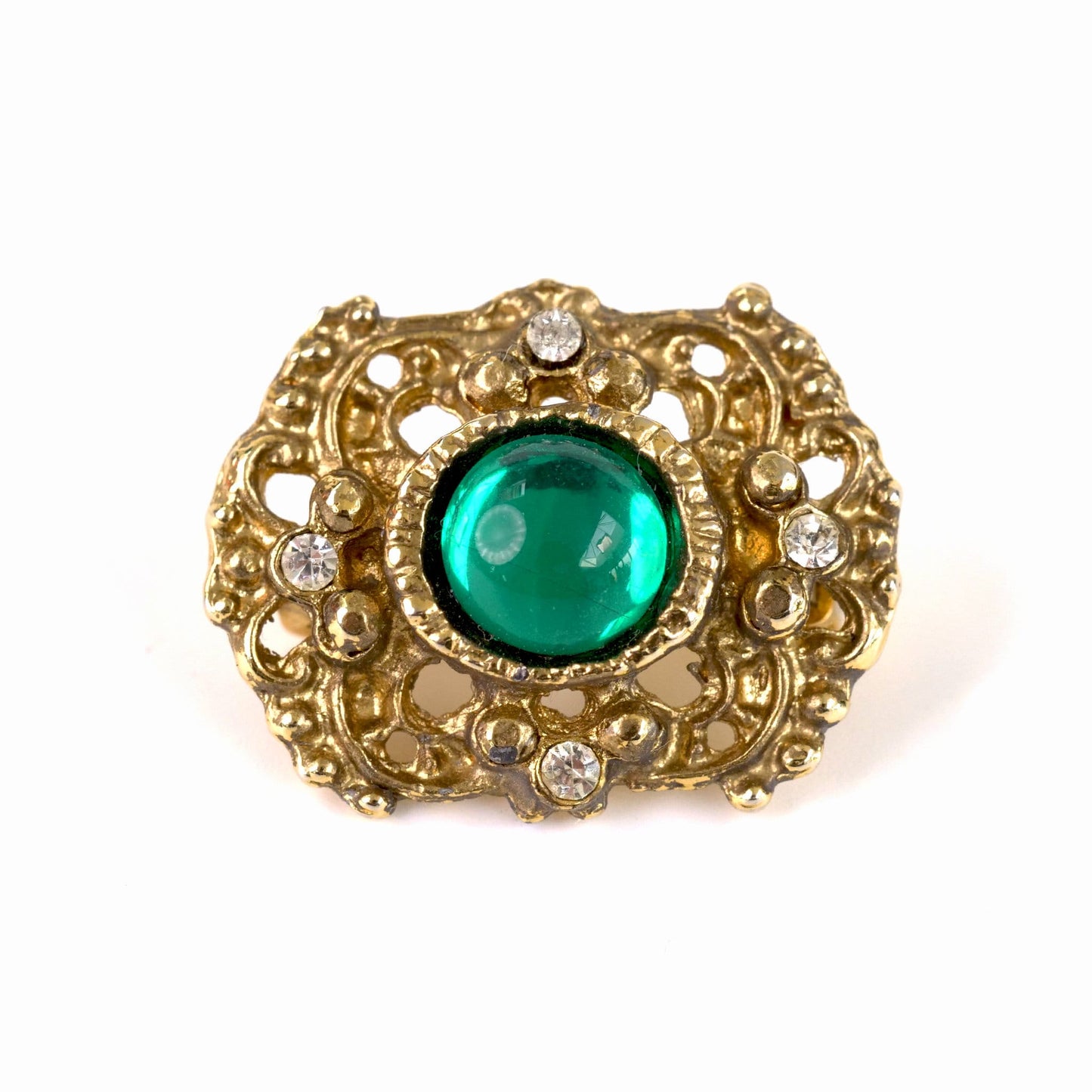 Vintage Victorian Revival Brooch with Gripoix Style Glass Cabochon and Clear Rhinestones