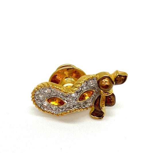 Signed Swarovski Carnival Mask Pin with Clear Crystals, Orange Crystal Eyes and Orange Bow
