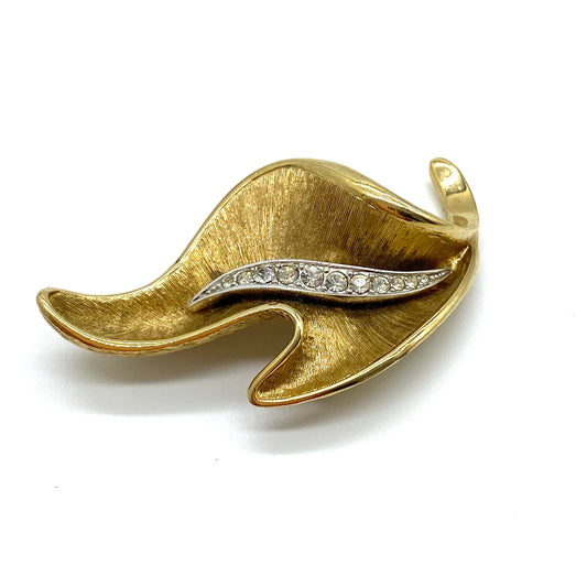 RARE Attwood and Sawyer 1960's Gold Plated Leaf Brooch with Crystal Midrib