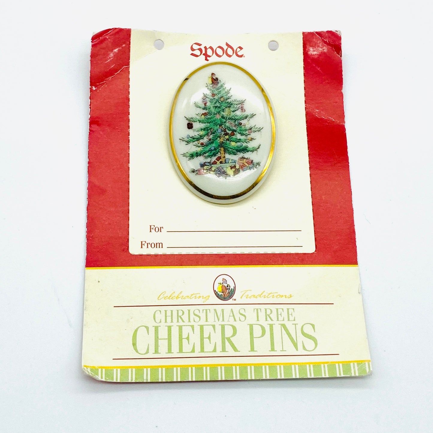 Spode Christmas Tree Cheer Pin on Original Card
