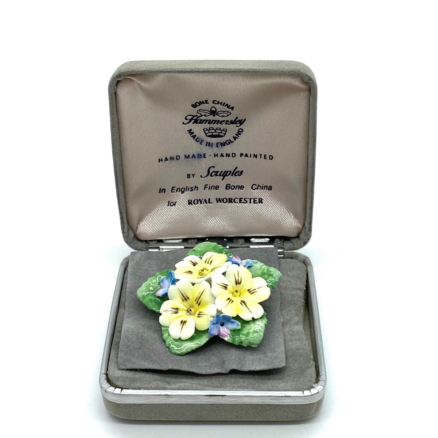 Hammersley 1970's Royal Worcester English Fine Bone China Flower Brooch Hand Made and Hand Painted by Scruples in Original Box