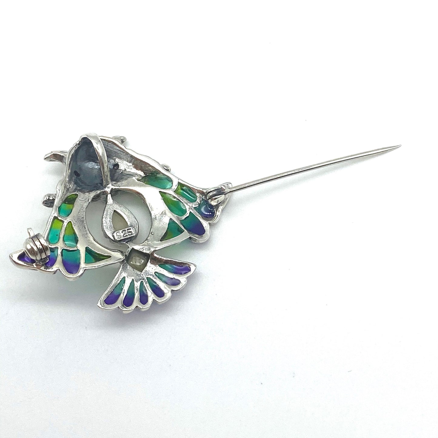 Silver Plique-à-jour Owl Brooch / Pendant with genuine Ruby Eyes, Crystal Opal Tummy and a Mother of Pearl Tail