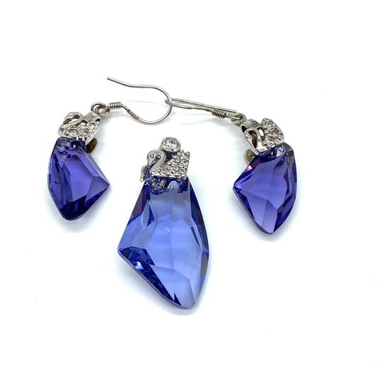 Boucles d’oreilles percées en cristal violet/bleu Swarovski et pendentif assorti avec boîte originale