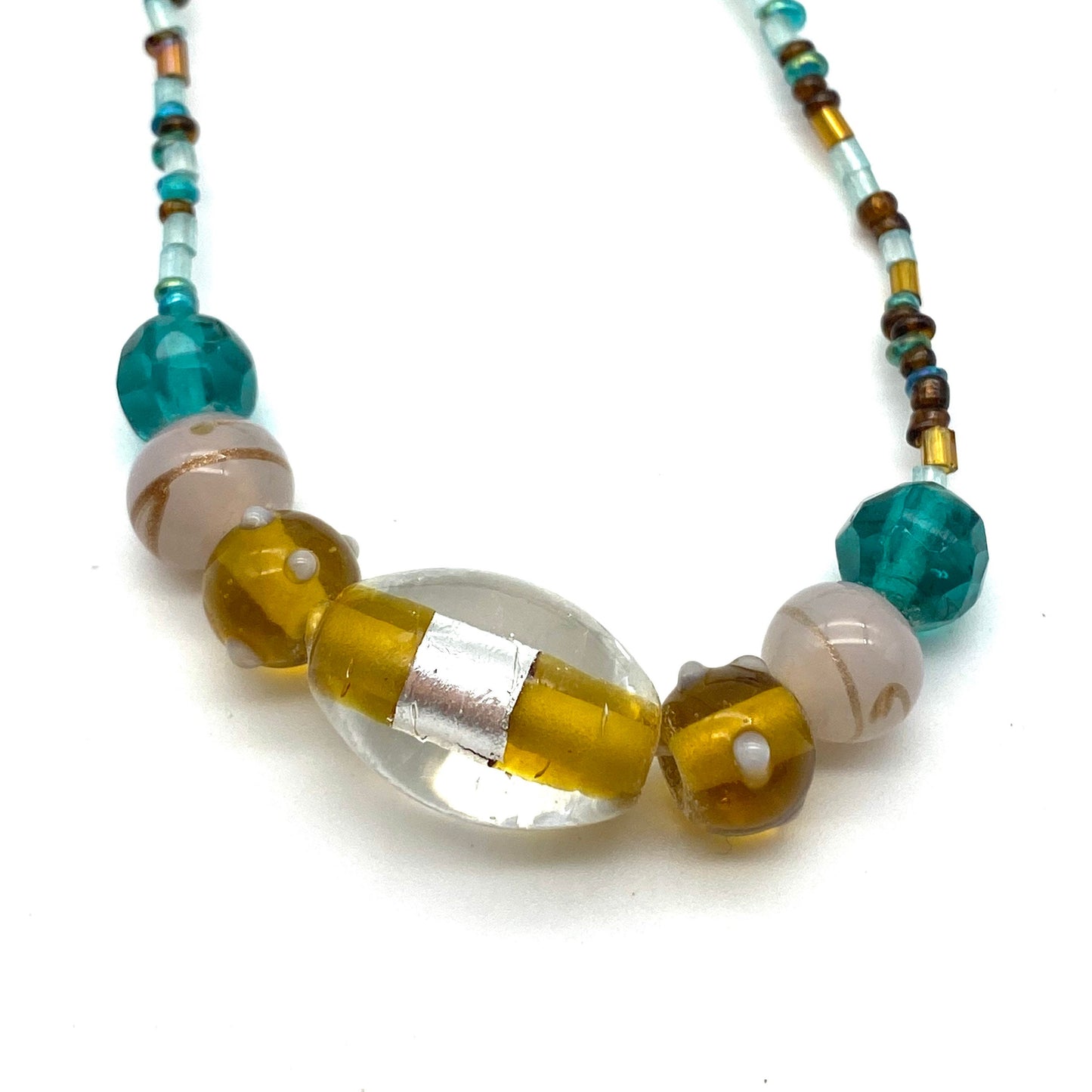 Glass Bead Necklace with Lampwork and Foil Glass