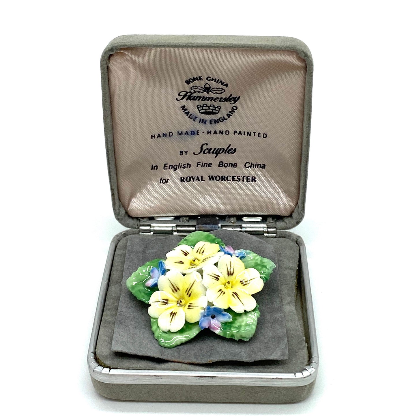 Hammersley 1970's Royal Worcester English Fine Bone China Flower Brooch Hand Made and Hand Painted by Scruples in Original Box