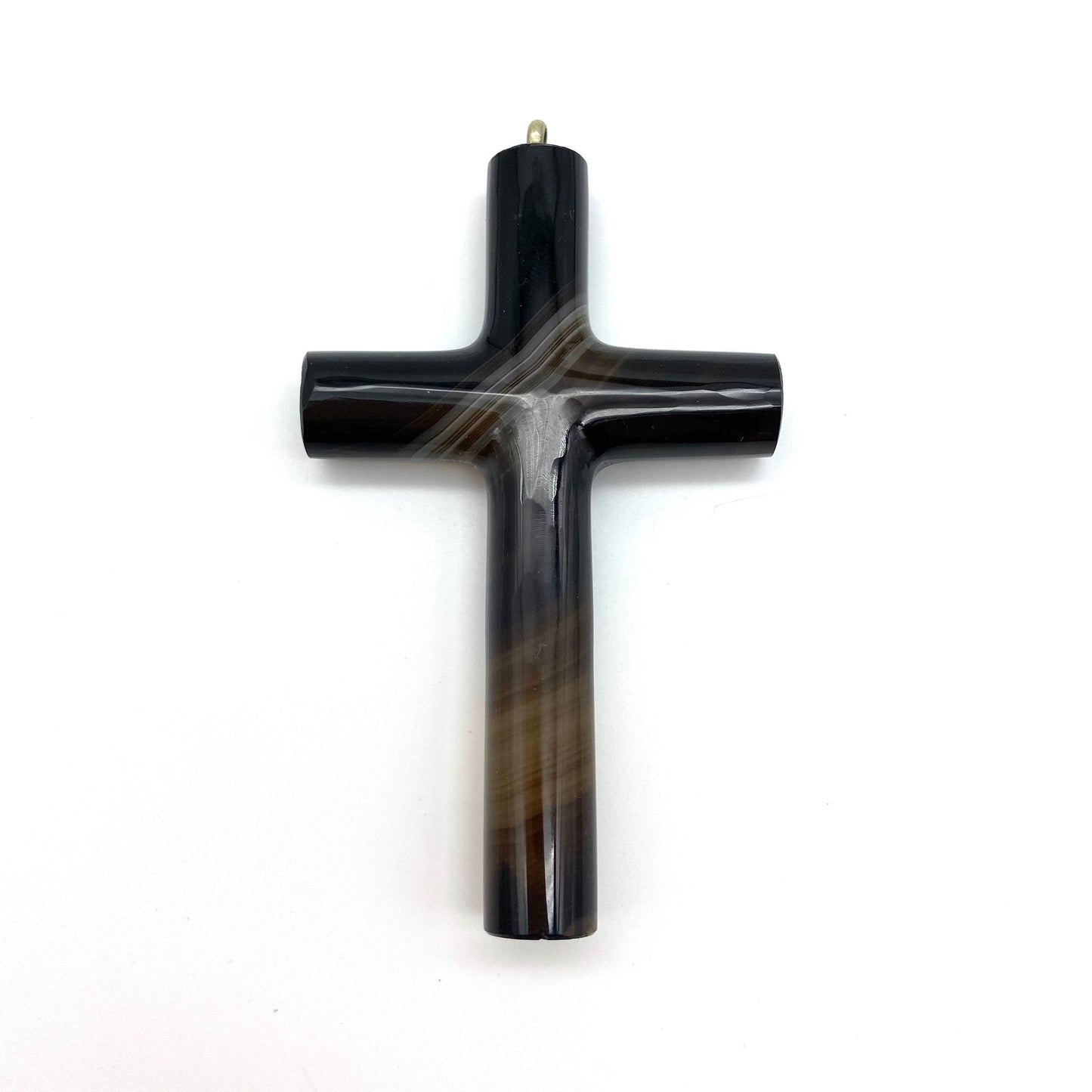 Large Antique Victorian Scottish Banded Agate Tubular Carved Cross Pendant Circa 1860