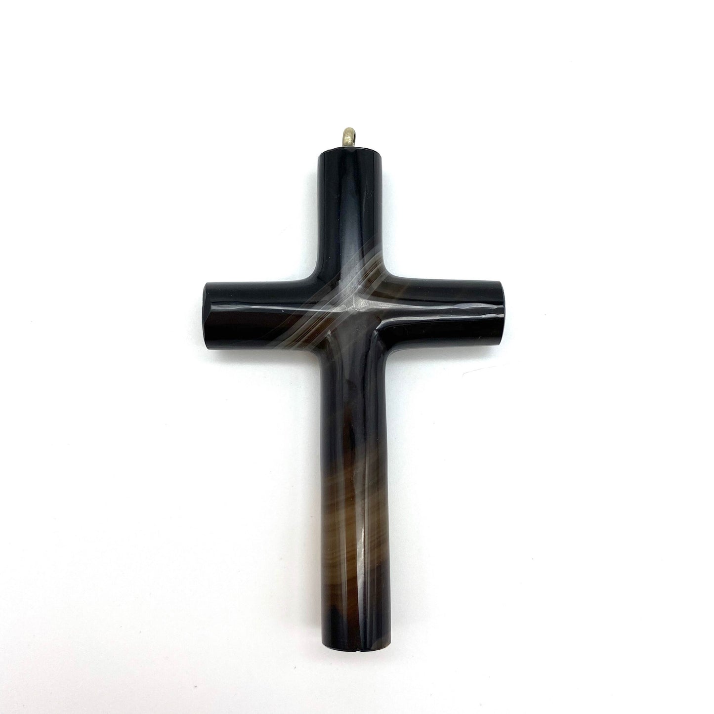 Large Antique Victorian Scottish Banded Agate Tubular Carved Cross Pendant Circa 1860