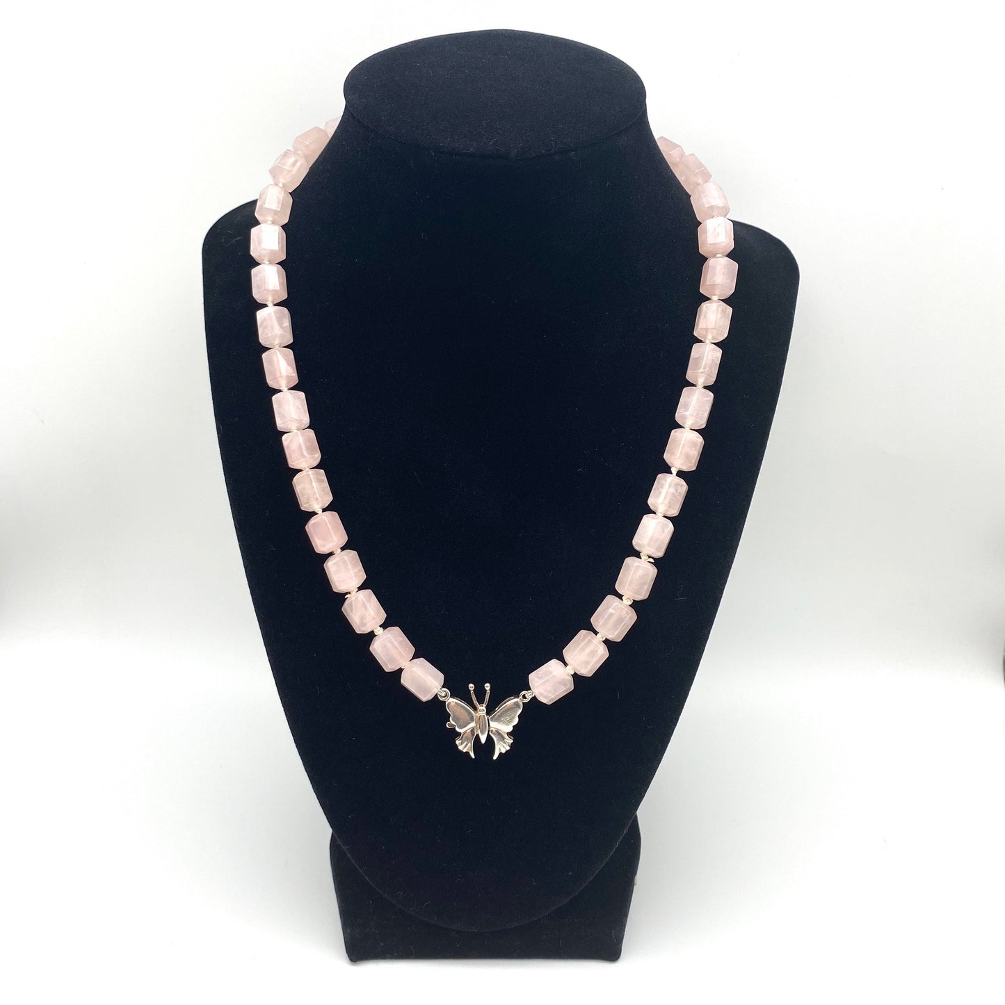 Rose Quartz Knotted Bead Necklace with 925 Silver Butterfly Clasp