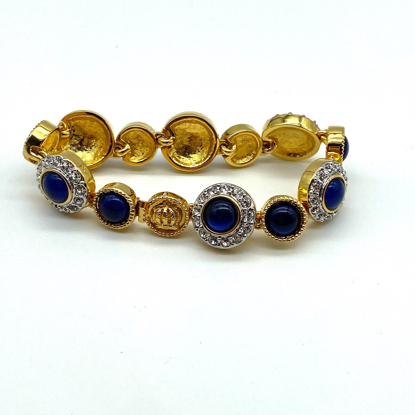 Crown Mark Blue Glass Cabochon and Crystal Gold Plated Bracelet