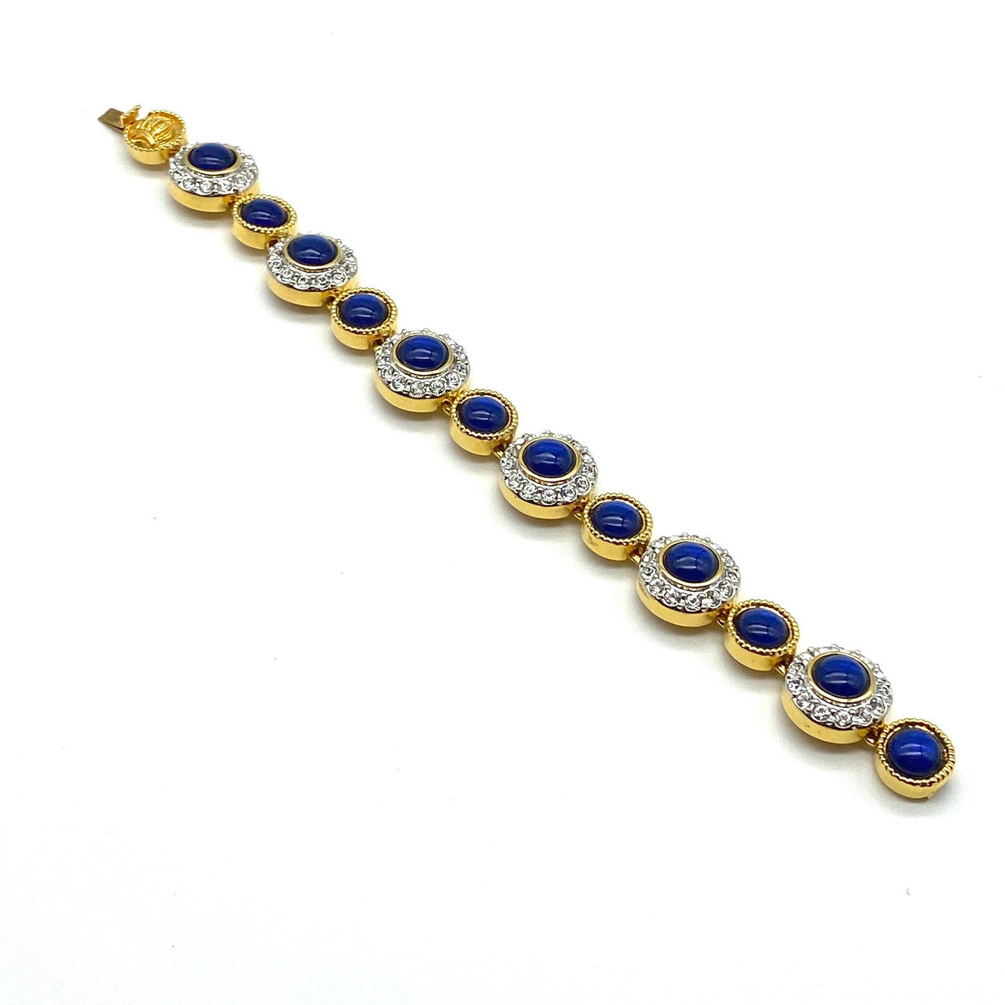 Crown Mark Blue Glass Cabochon and Crystal Gold Plated Bracelet