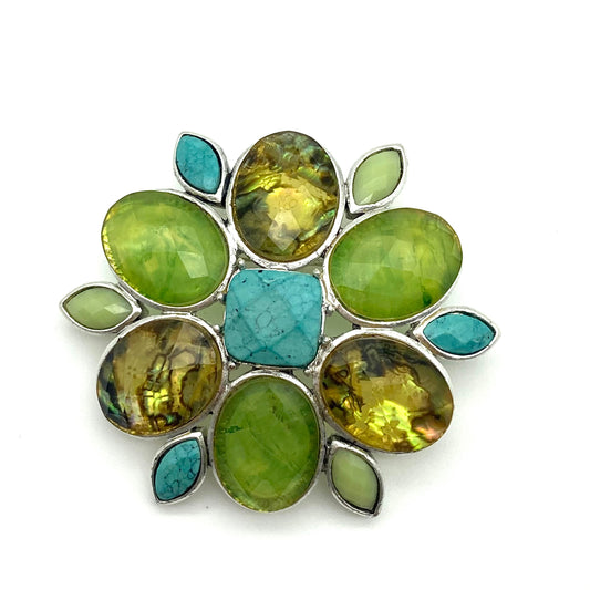 Liz Claiborne Blue and Green Faceted Glass, Stone and Paua Silvertone Brooch