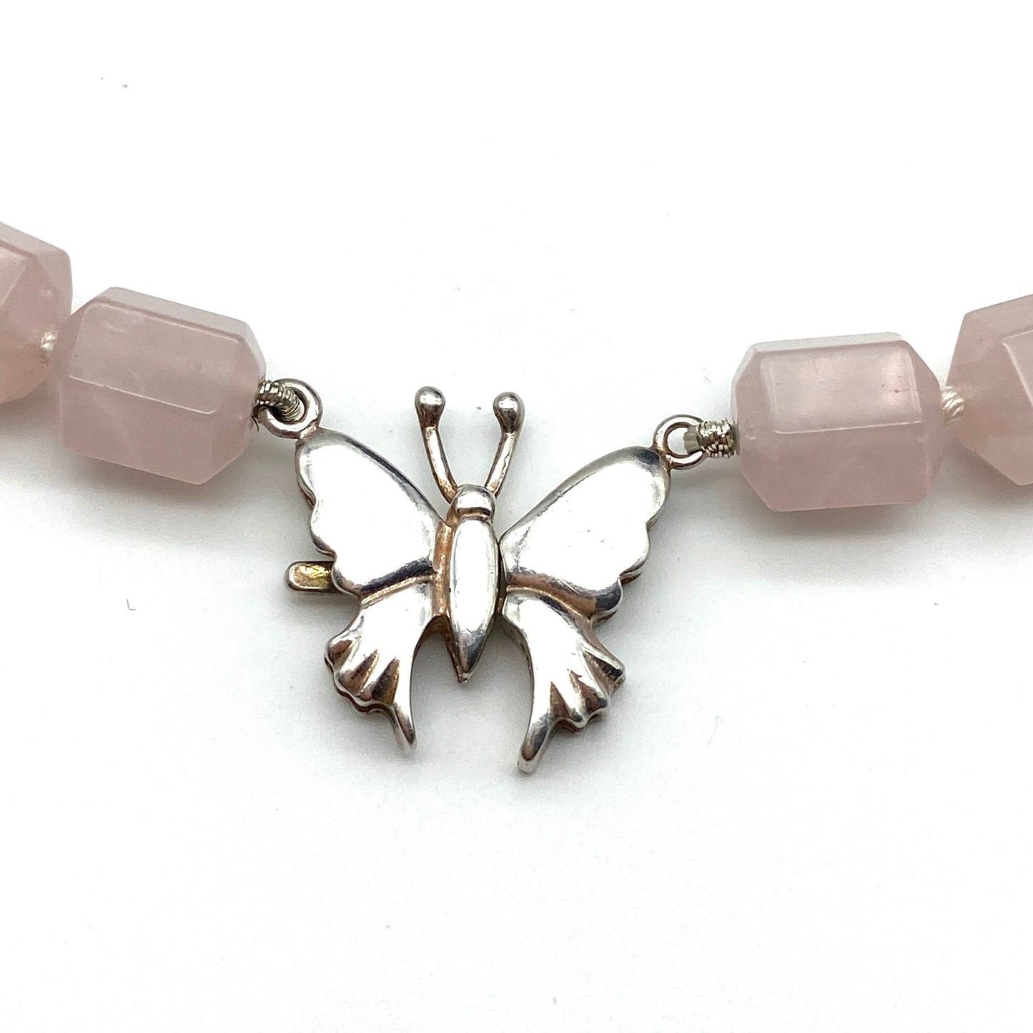 Rose Quartz Knotted Bead Necklace with 925 Silver Butterfly Clasp