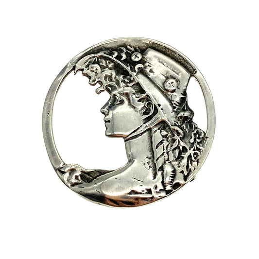 925 Silver Fully Hallmarked Art Nouveau Lady In Hat Reproduction Brooch