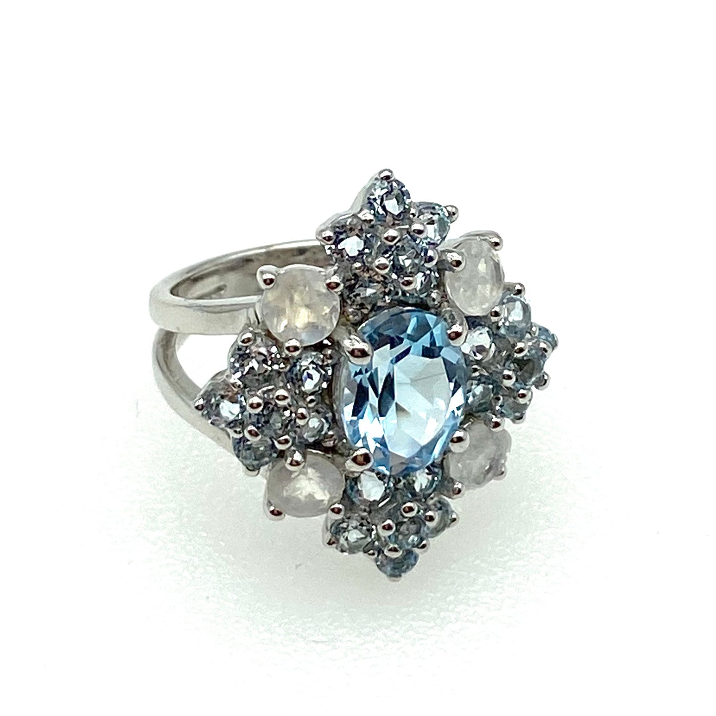 925 Silver Blue Topaz and Moonstone Ring
