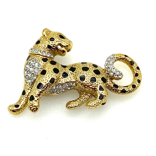 Attwood and Sawyer 22ct Gold Plated Enamel and Swarovski Crystal Pave Set Leopard Brooch