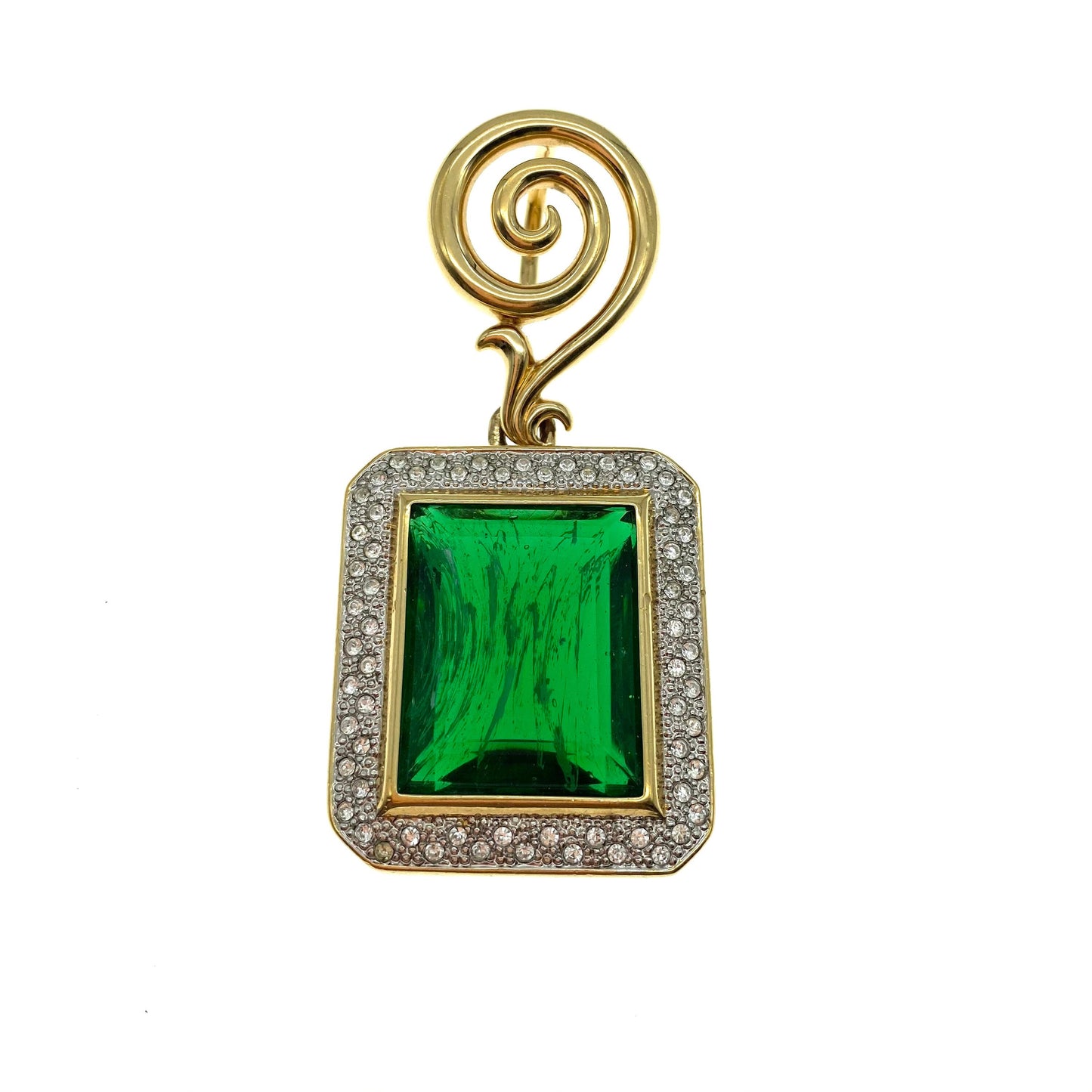 Pierre Lang Huge Flawed Emerald Glass And Pave Set Rhinestone Gold Plated Pendant