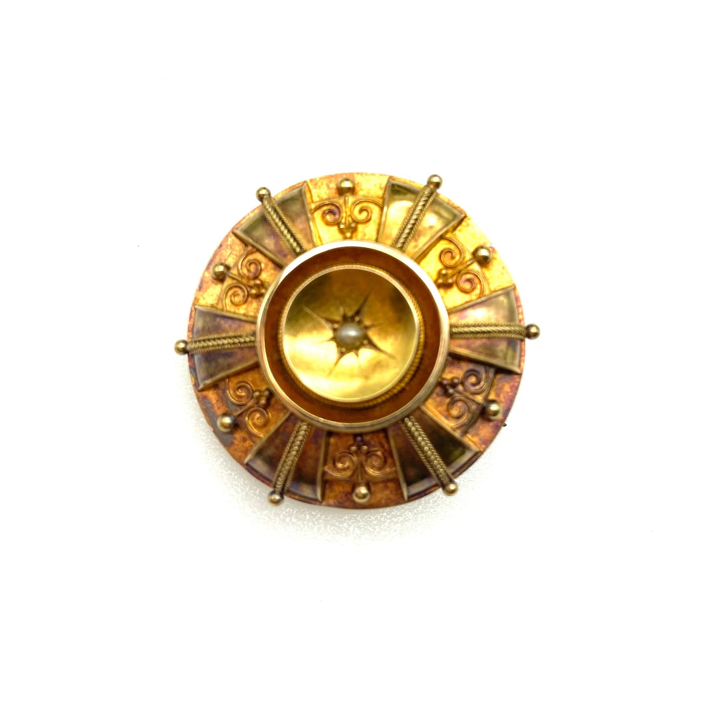 1888 Victorian Etruscan 15ct .625 Gold Brooch with Seed Pearl and Safety Chain (pin not gold) 5.82g Combined Weight