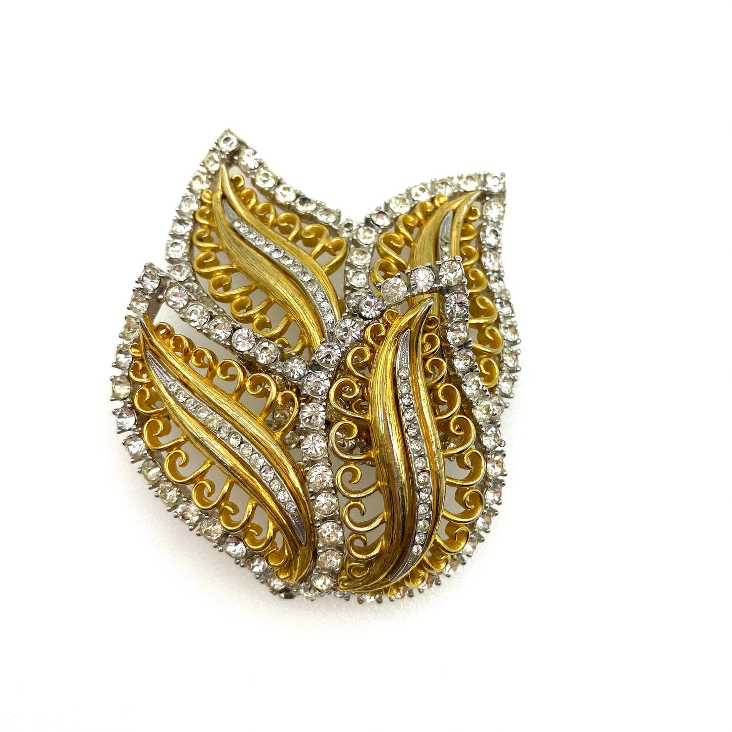 Elsa Schiaparelli Magnificent Gold & Rhodium Plated and Rhinestone Double Leaf Brooch