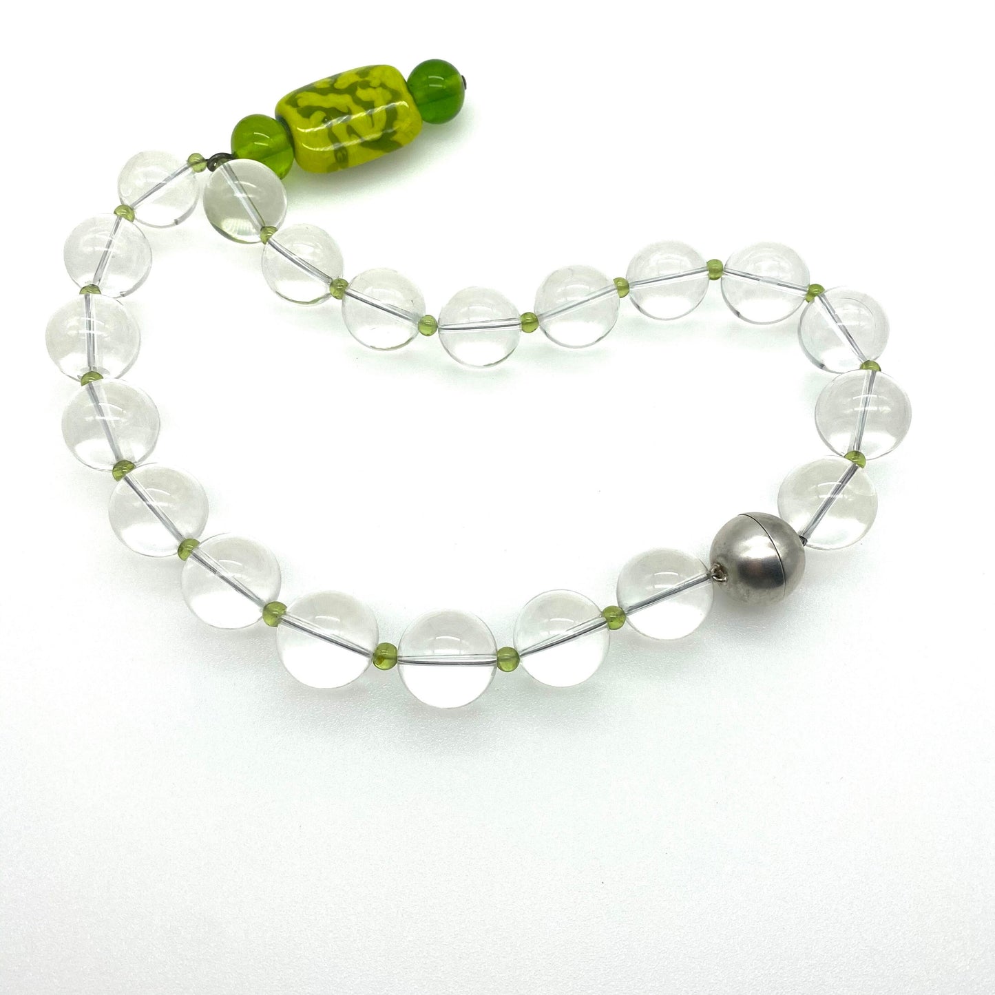Huge Rock Crystal Beaded Necklace with Art Glass Pendant and Solid 925 Silver Magnetic Clasp by Langer