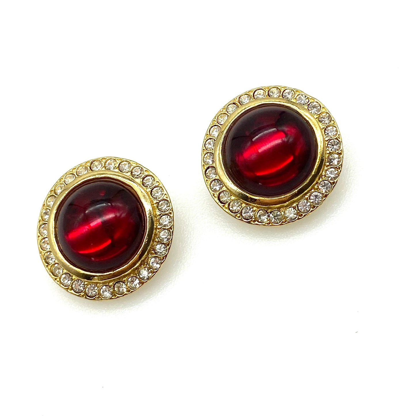 Unsigned Large Red Glass Cabochon Clip on Earrings