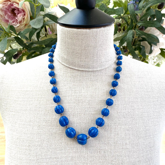Art Deco Royal Blue Melon / Pumpkin Glass Bead (Graduating) Necklace (Agate effect)