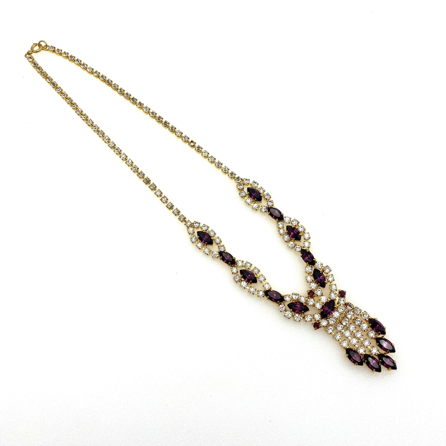 Purple & Clear Rhinestone Articulated Fringe Necklace