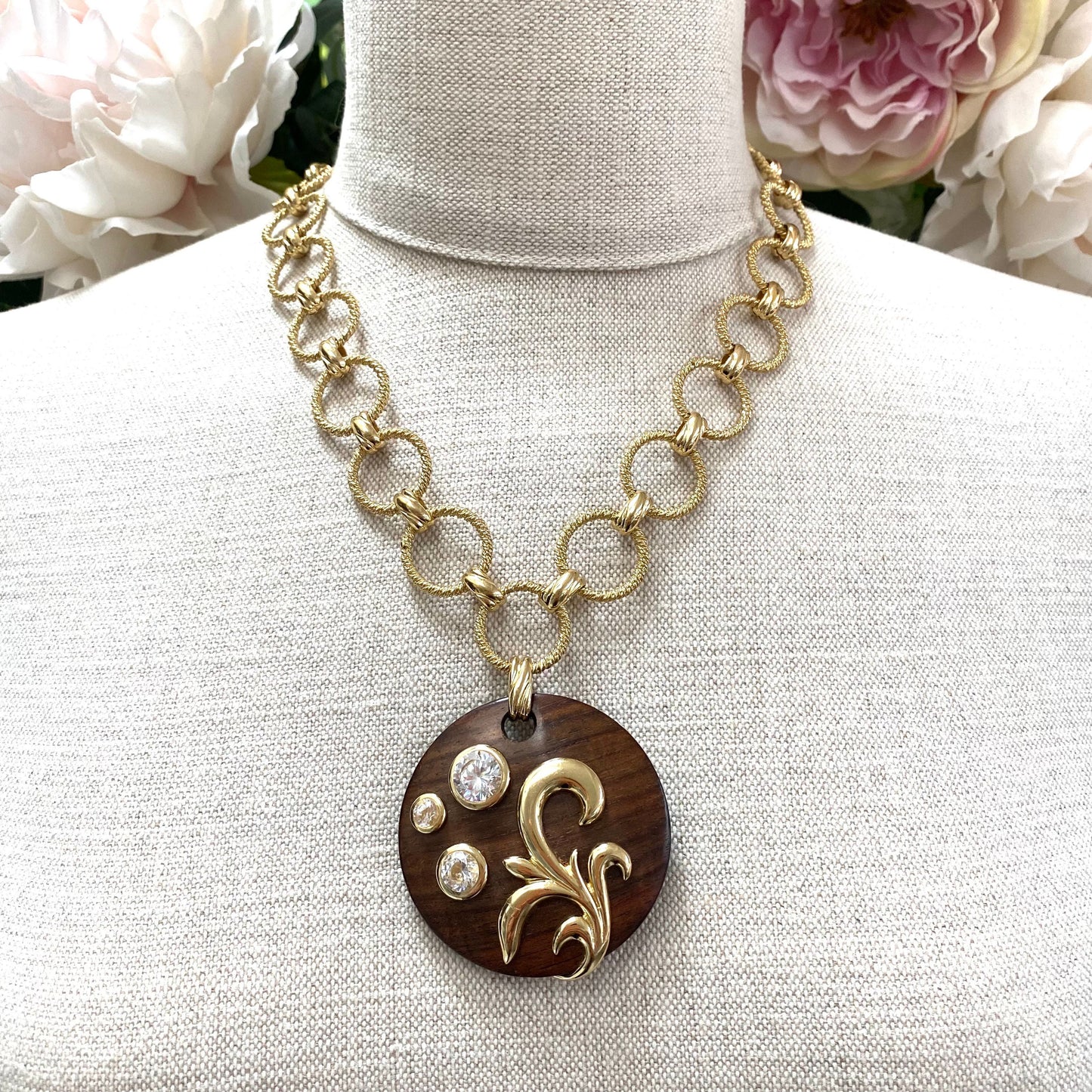 Dominique Aurientis Gold Plated Necklace with Round Wood Pendant