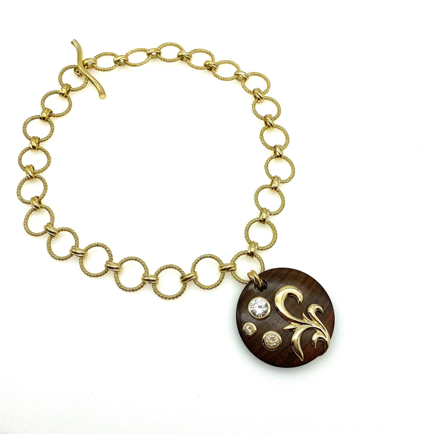 Dominique Aurientis Gold Plated Necklace with Round Wood Pendant