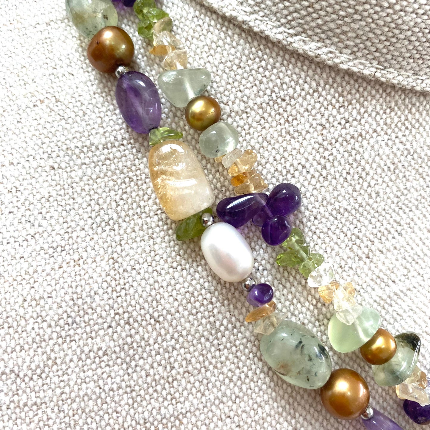 Vintage Tumbled Pebble Necklace Including Amethyst, Peridot, Rock Crystal and Fresh Water Cultured Pearls