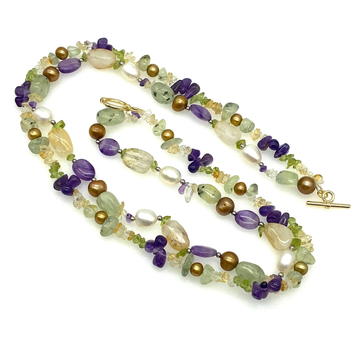 Vintage Tumbled Pebble Necklace Including Amethyst, Peridot, Rock Crystal and Fresh Water Cultured Pearls