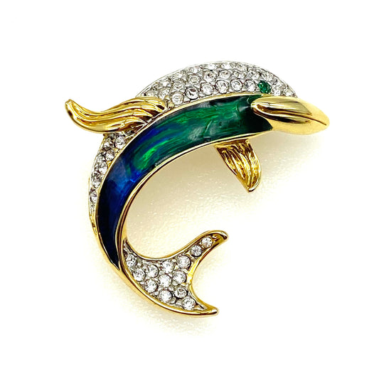 Unsigned Attwood and Sawyer 22ct Gold Plated Enamel and Swarovski Crystal Dolphin Brooch