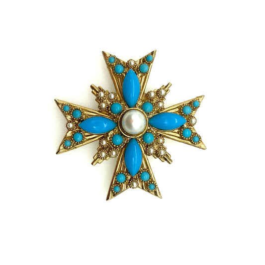 Unsigned Sphinx Maltese Cross Brooch/Pendant with Faux Turquoise and Imitation Pearl Signed 9229