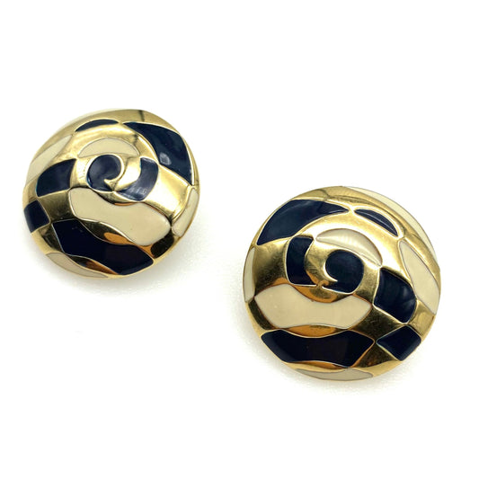 Signé Gold Tone Noir et Crème Émail Abstract Mod Clip Sur Boucles D'oreilles