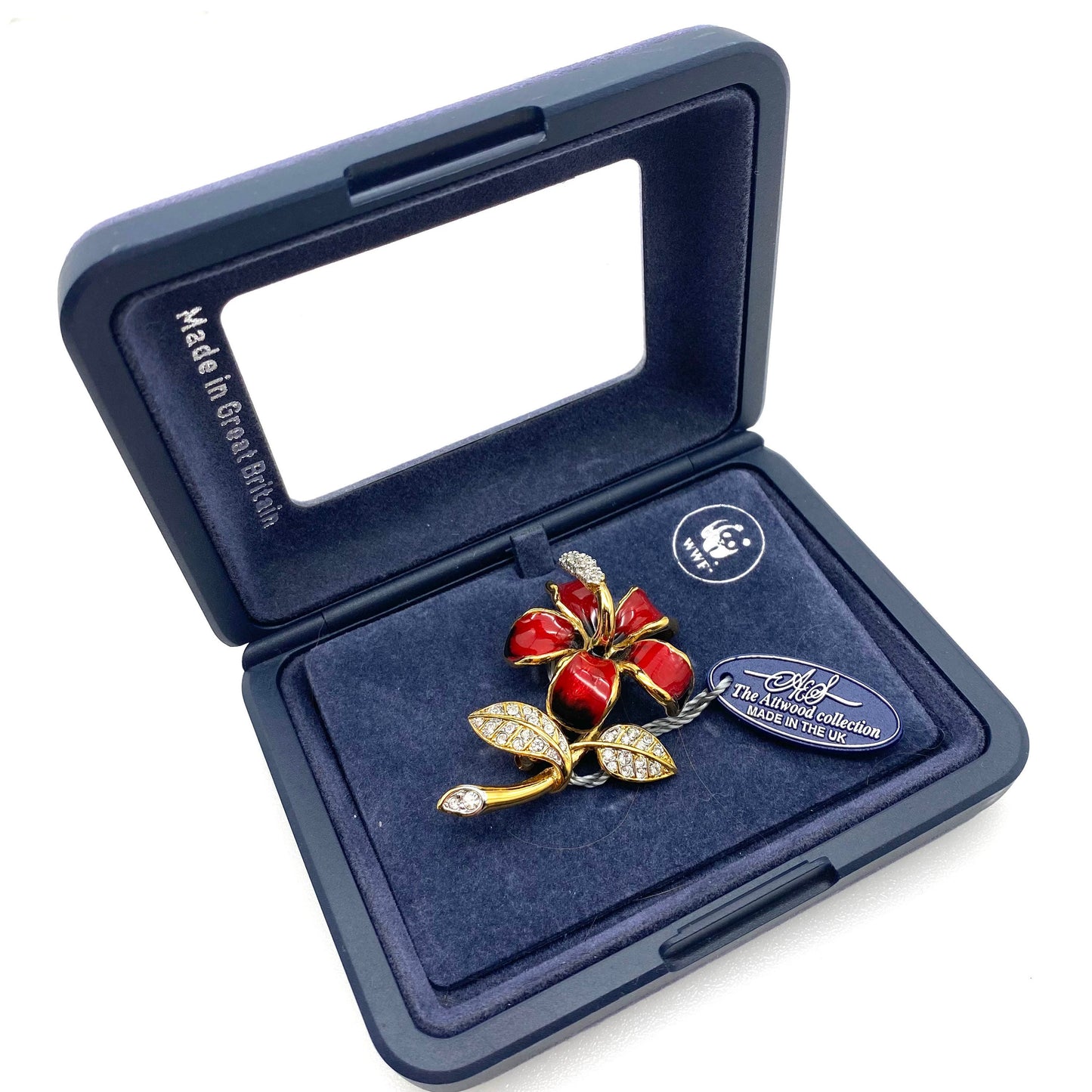 RARE Attwood and Sawyer Gold Plated Red Flower Brooch Air Mauritius The Mauritius Collection in Original Box