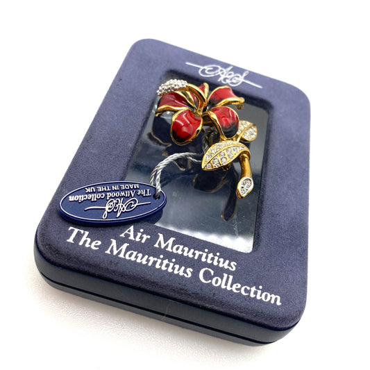 RARE Attwood and Sawyer Gold Plated Red Flower Brooch Air Mauritius The Mauritius Collection in Original Box