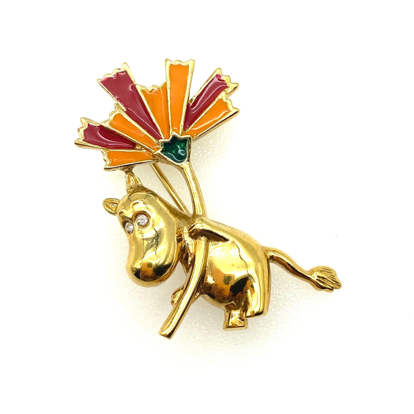 Attwood and Sawyer Brooch Gold Plated Moomin Holding A Flower of Orange, Red and Green Enamel